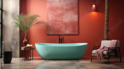 Teal bathtub in a red room with a tree trunk and a pink armchair