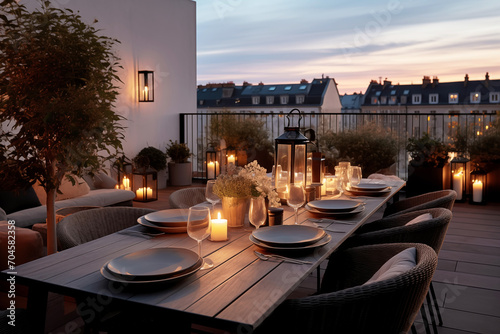 Roof terrace with festive table setting for romantic dinner by candlelight with city view. Decorations for Valentine's Day, Engagement, Date photo