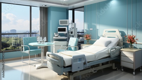 Patient room interior with a bed, table, flowers, and medical equipment