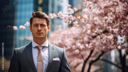 Modern happy young smiling business man against the backdrop of pink cherry blossoms and metropolis city.