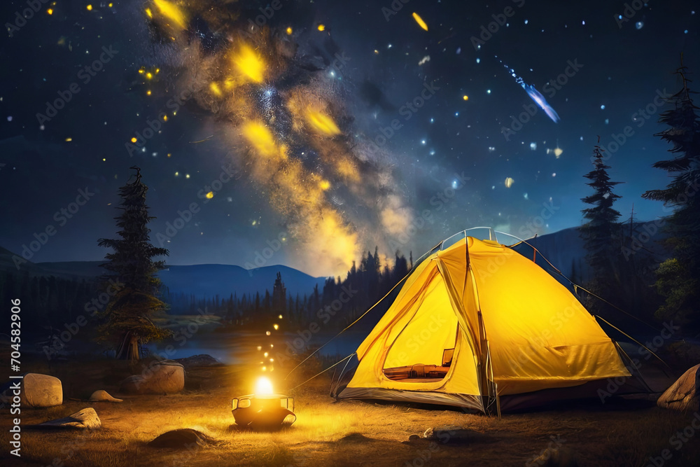 Starry night camp. Yellow light inside tent, shooting stars backdrop. Capturing the essence of holiday camping under the stars.