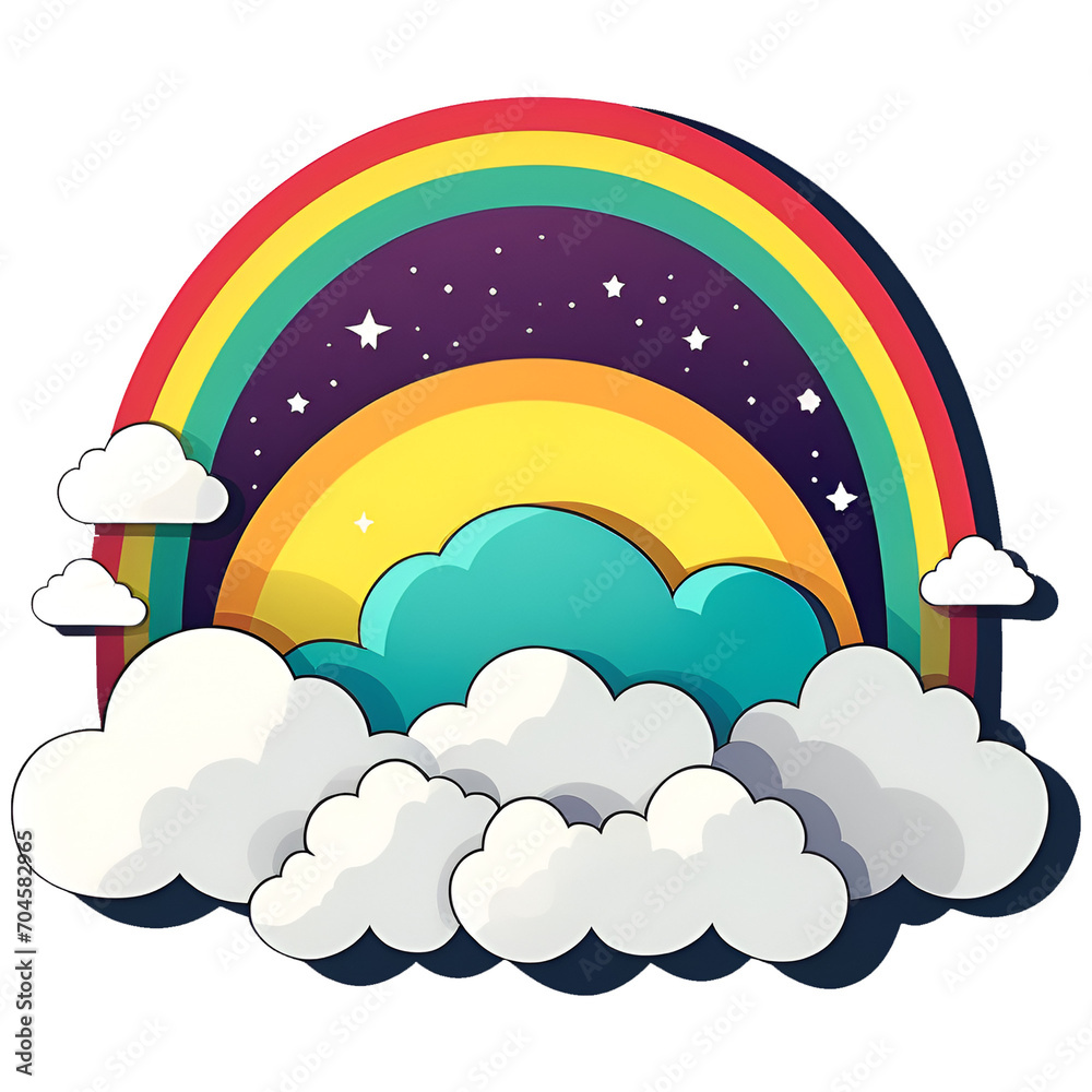 cartoon rainbow sun clouds stars sky in one photo, kids book décor ...