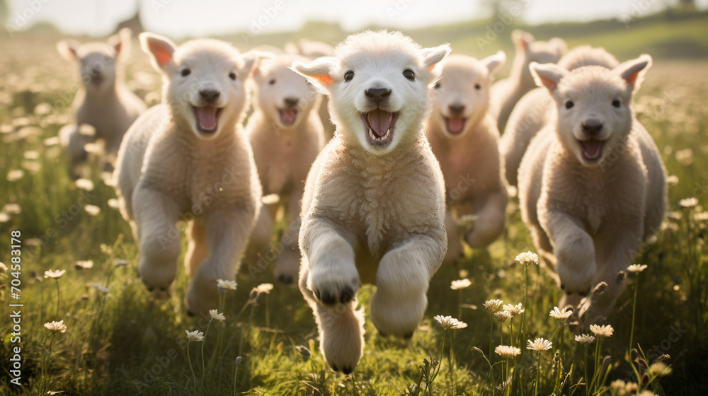 happy lambs run in the meadows.Generative AI