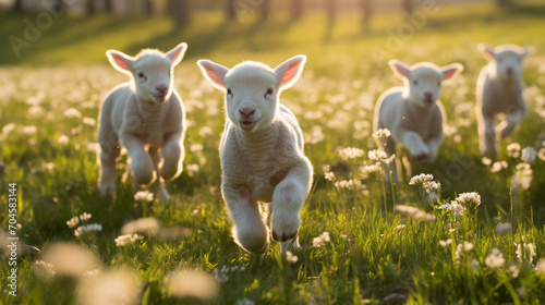 happy lambs run in the meadows.Generative AI