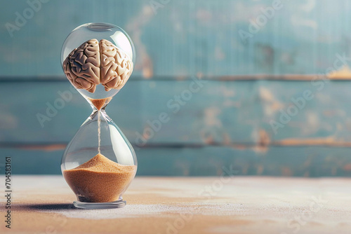 Human brain in hourglass, medical and psychology concept, brain aging, memory loss, Alzheimer's disease, mental health, thinking process, lifetime. Time is running, flow of time, passing countdown. photo
