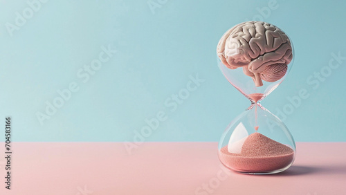 Human brain in hourglass, medical and psychology concept, brain aging, memory loss, Alzheimer's disease, mental health, thinking process, lifetime. Time is running, flow of time, passing countdown.
