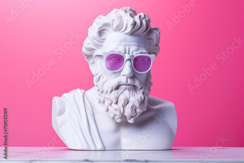 Ancient greek sculpture wearing pink sunglasses. Bust sculpture in glasses. Minimal composition, modern art, party, vacation and romantic concept