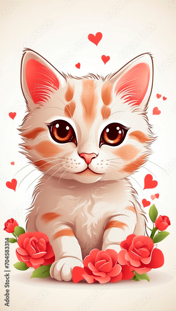 Cute little cat with hearts, flowers and a gift. Cute valentine with a cat. A beautiful background for Valentine's Day or a wedding.
