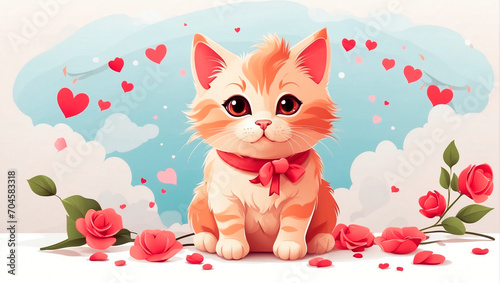 Cute little cat with hearts, flowers and a gift. Cute valentine with a cat. A beautiful background for Valentine's Day or a wedding.