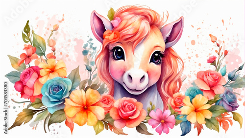 little cute colored pony among flowers