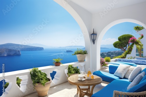 A patio featuring a simple blue couch and a table for ultimate relaxation and comfort, A Mediterranean villa overlooking the crystal-blue ocean, AI Generated