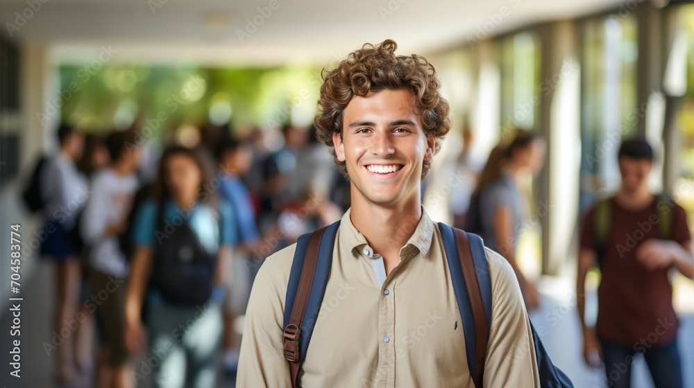 Smiling young male college student with curly hair standing in school hallway Smiling young male college student with curly hair standing in school hallway