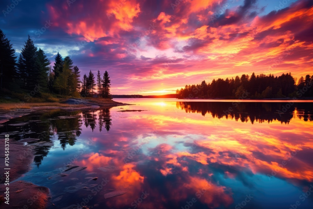A breathtaking sunset paints a mesmerizing scene as its warm hues reflect on the calm, clear water below, A mesmerizing Mother's Day sunset, AI Generated