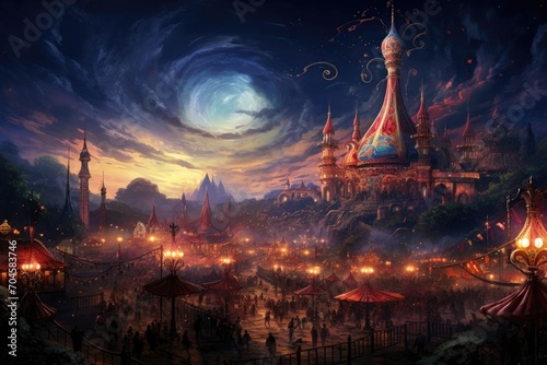 A captivating painting depicting the beauty and excitement of an amusement park under the enchanting night sky, A mesmerizing carnival scene under the enchanting night sky, AI Generated