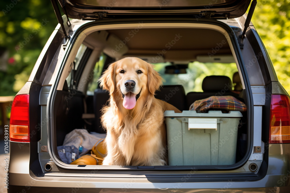 Golden Retriever sitting in the back of a car