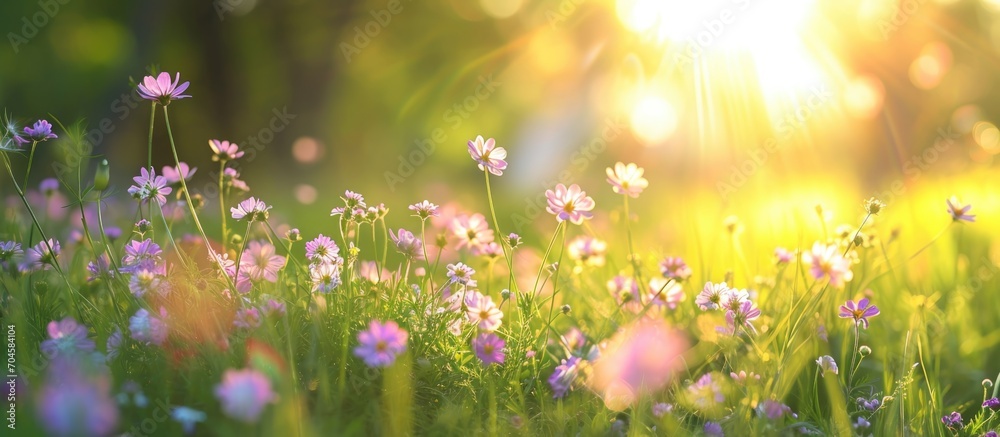 Small purple flowers in a grassy meadow, with sun and herbs.