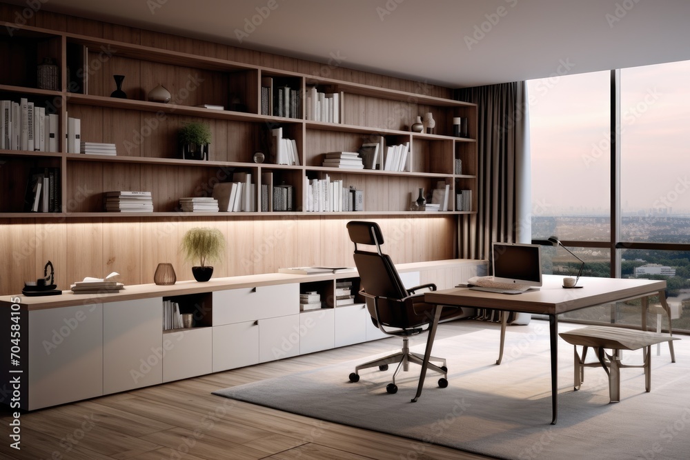 The image shows a room with a desk, chairs, shelves, and a window, A modern minimalist office space with sleek furniture and tech gadgets, AI Generated