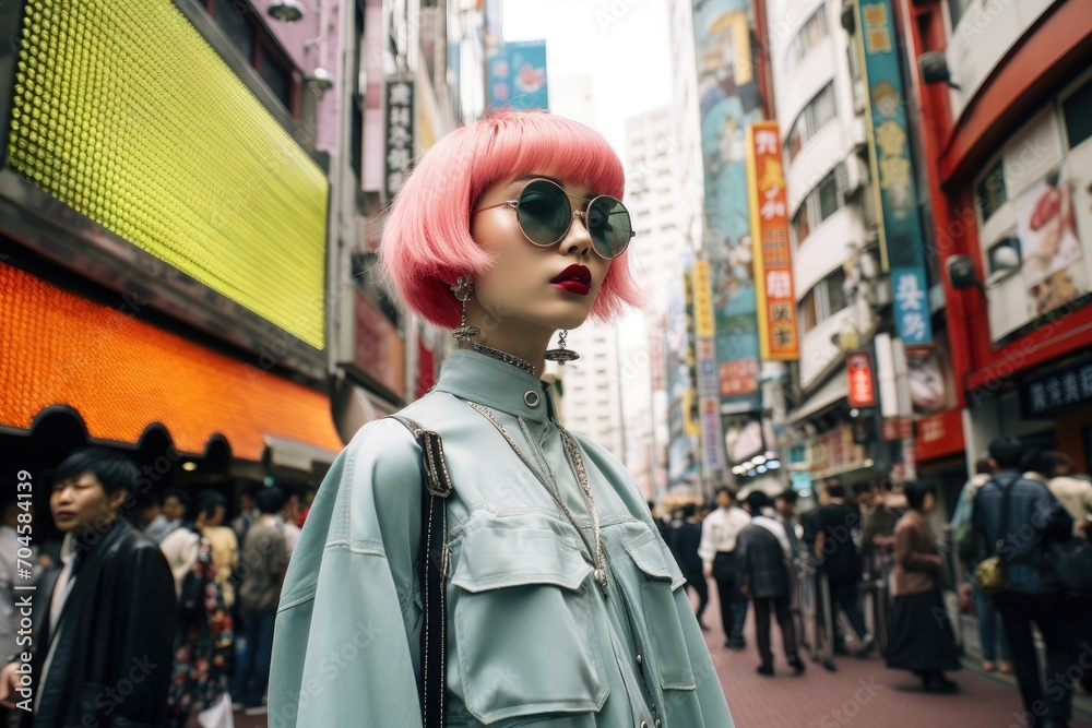 A stylish woman with vibrant pink hair and sunglasses struts confidently on a bustling city street, A modern street style scene in Tokyo, AI Generated
