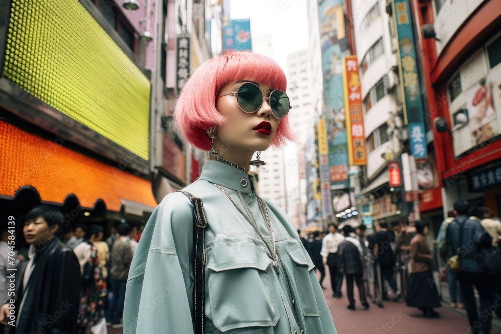 A stylish woman with vibrant pink hair and sunglasses struts confidently on a bustling city street, A modern street style scene in Tokyo, AI Generated A stylish woman with vibrant pink hair and sunglasses struts confidently on a bustling city street, A modern street style scene in Tokyo, AI Generated