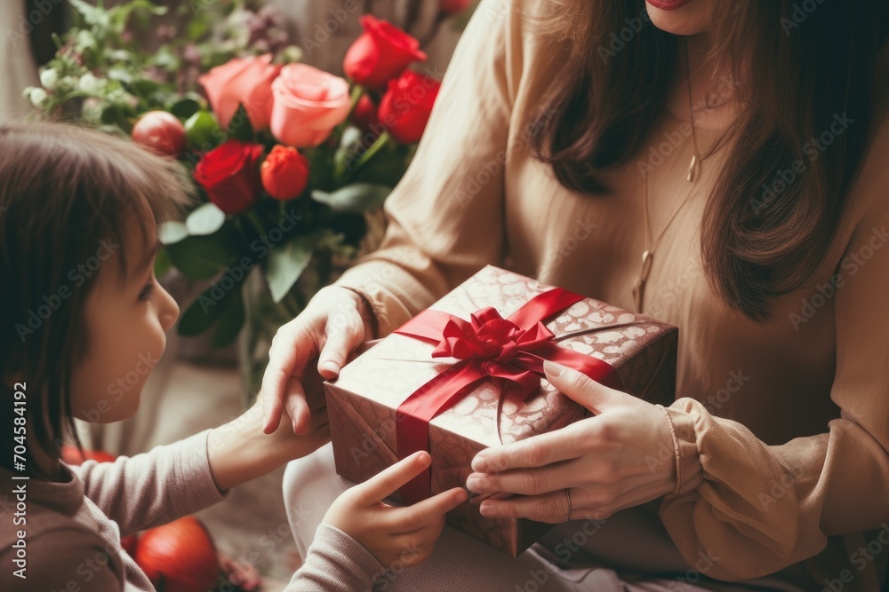 Candid snapshot of a woman delightfully giving a gift to a young girl, creating a heartwarming memory, A mom opening a handmade gift from her child on Mother's Day, AI Generated Candid snapshot of a woman delightfully giving a gift to a young girl, creating a heartwarming memory, A mom opening a handmade gift from her child on Mother's Day, AI Generated