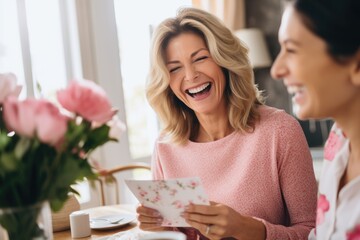 Two women are seen sitting at a table in a casual cafÃ©, engrossed in a conversation, A mom laughing as she receives a funny Mother's Day card, AI Generated