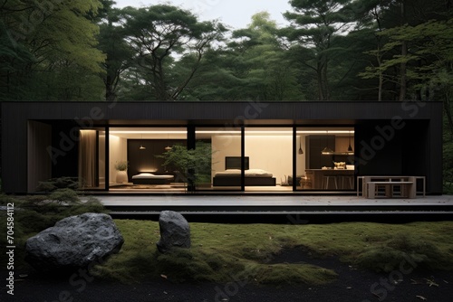 A charming house nestled in a lush forest, providing a tranquil haven amidst the beauty of nature, A modern Japanese home with minimalistic design, AI Generated © Iftikhar alam