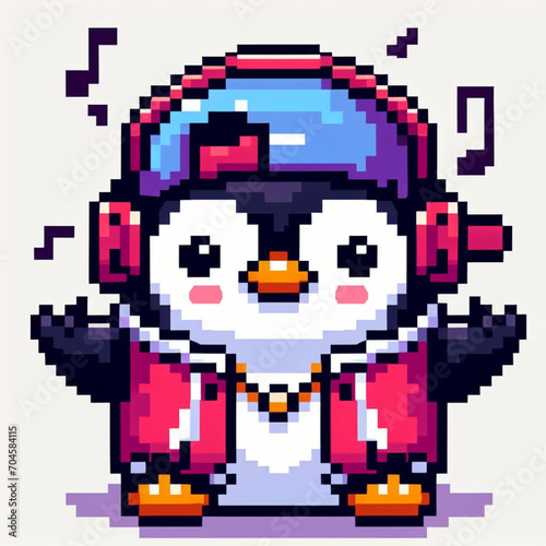 A little penguin listening to music in pixel art © Helcroix