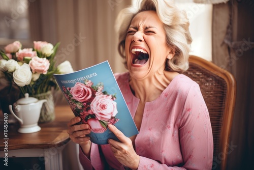 A woman bursts into laughter, her eyes crinkling in joy, while holding an open book, A mom laughing as she receives a funny Mother's Day card, AI Generated