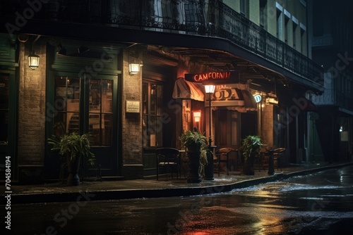 An atmospheric image capturing the lively energy of a city at night during a rainfall, featuring a restaurant aglow with enchanting lights, A moody jazz club in New Orleans, AI Generated
