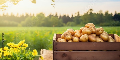 Young potatoes in crate on wooden table with blooming field in background.