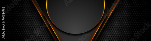 Black perforated banner with orange glowing triangles and circle. Technology vector banner design