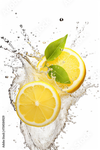 lemon, lemonade with splashes of water on a white background.Generative AI