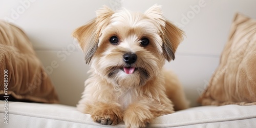 Close up of a small, funny-looking dog with rough fur sitting on a beige sofa at home, looking at the camera. Copy space available, plain background.