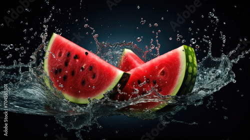 Smooth Fresh ripe organic Watermelon Fruits slices and falling into water and splashes created with Generative AI Technology