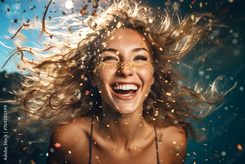 Happy laughing woman with falling confetti Happy laughing woman with falling confetti
