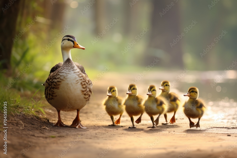 A flock of ducks makes its way down a dirt road, moving in unison, A mother duck followed by a line of ducklings, AI Generated - obrazy, fototapety, plakaty 