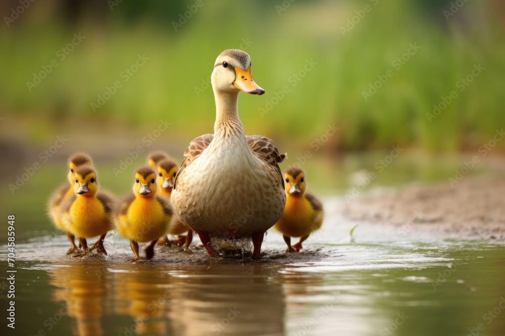 A gathering of ducks in a body of water, standing together, A mother duck followed by a line of ducklings, AI Generated A gathering of ducks in a body of water, standing together, A mother duck followed by a line of ducklings, AI Generated