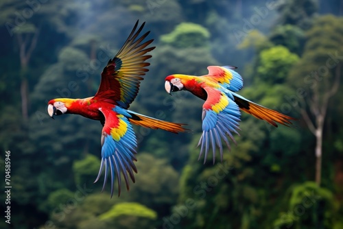 Witness the mesmerizing sight of two vibrant parrots as they gracefully soar through the sky, A pair of tropical macaws flying over the Amazon rainforest, AI Generated © Iftikhar alam