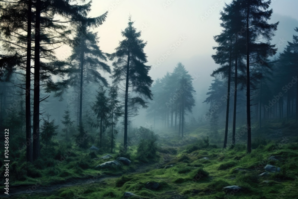 A breathtaking view of a foggy forest filled with countless trees, A mysterious forest in the misty dawn, AI Generated