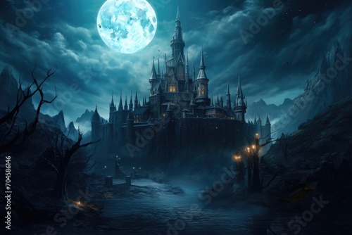 An enchanting castle stands tall against the stunning backdrop of a radiant full moon, A mysterious Gothic castle during a full moon night, AI Generated