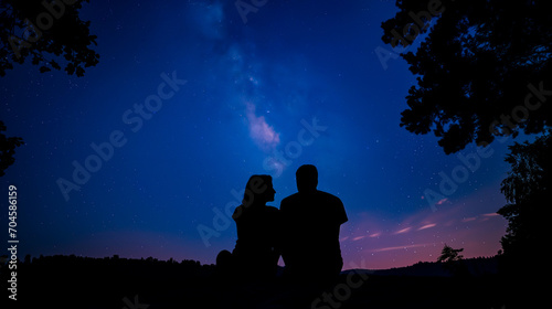 Couple silhouette against a starry summer night sky, romantic outdoor scene. 