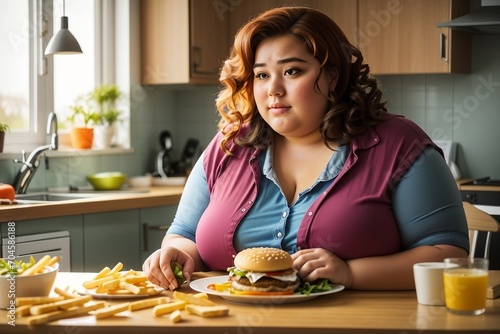 Mulher comendo hambúrguer, no estilo wikihow, para anúncios de nicho black photo