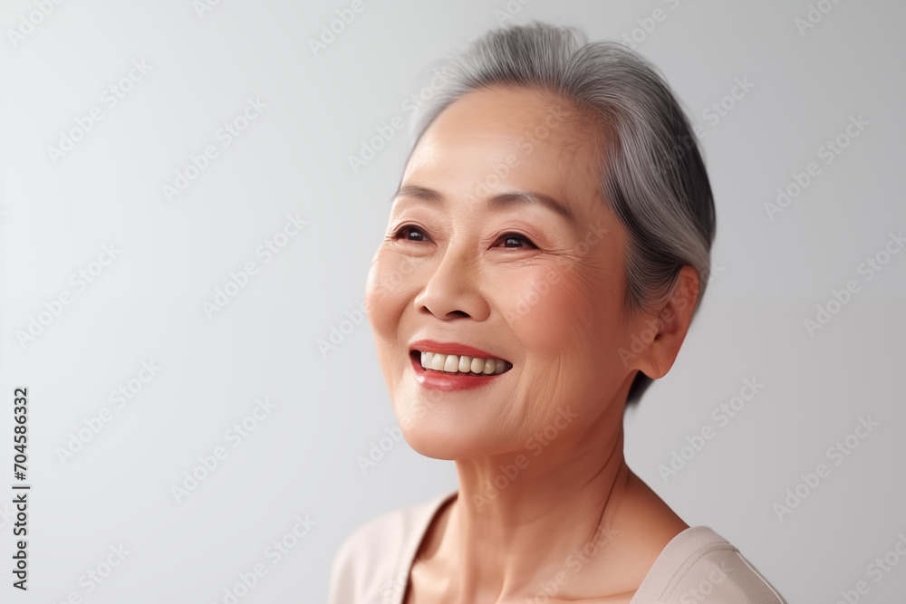Gorgeous senior older smiling Asian woman with natural makeup on grey background with copy space