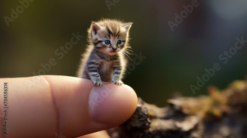 A tiny kitty sitting on the tip of the finger, macro shot, miniaturecore, natural phenomena