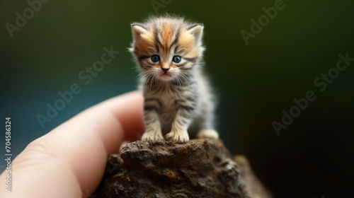 A tiny kitty sitting on the tip of the finger, macro shot, miniaturecore, natural phenomena photo