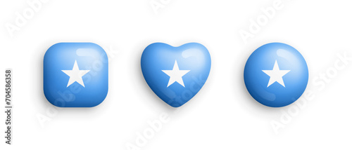 Somalia Official National Flag 3D Vector Glossy Icons In Rounded Square, Heart And Circle Form Isolated On White Back. Somali Sign And Symbols Graphic Design Elements Volumetric Buttons Collection