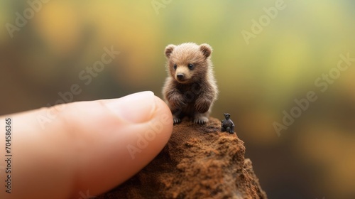 A tiny bear sitting on the tip of the finger, macro shot, miniaturecore, natural phenomena