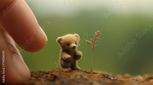 A tiny bear sitting on the tip of the finger, macro shot, miniaturecore, natural phenomena