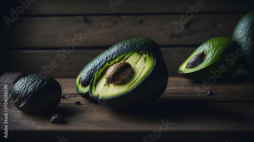 Avocado fruits lie on the table