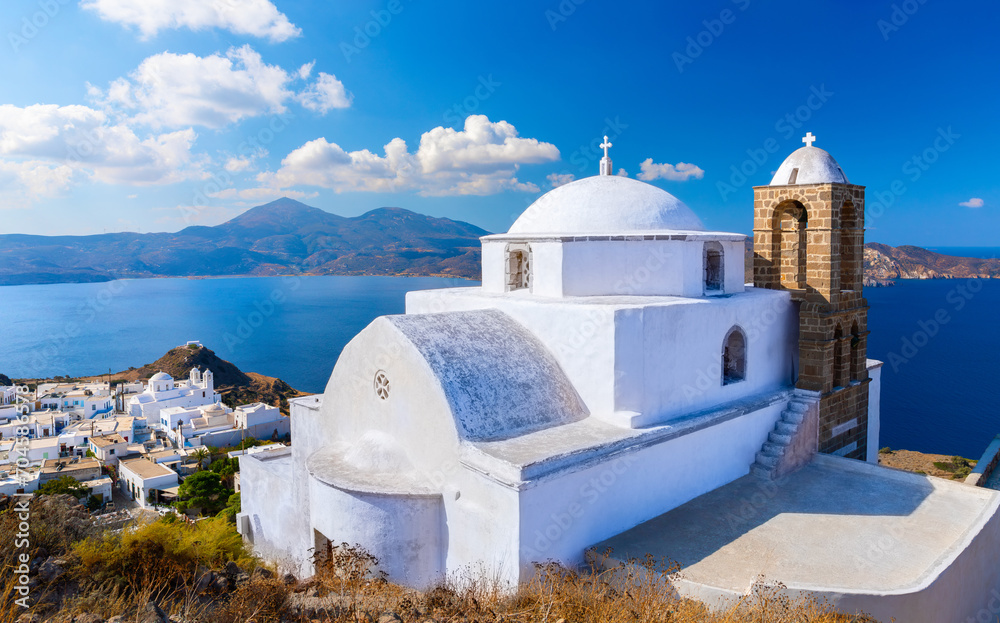 Panagia Thalassitra church view in the Plaka castle, Milos island, Greece
